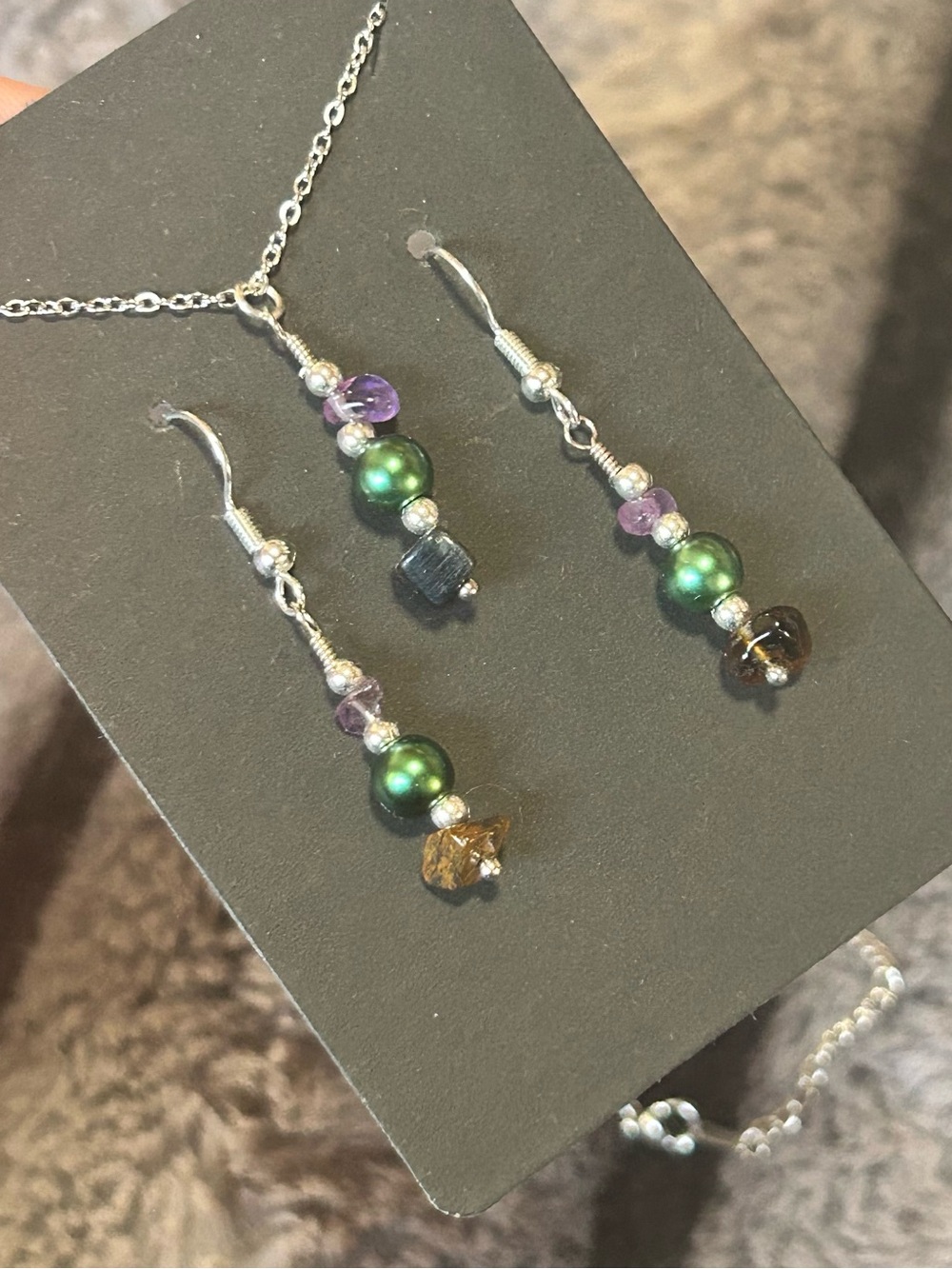 Handcrafted amethyst tigers eye Czech glass pearl necklace and earring set